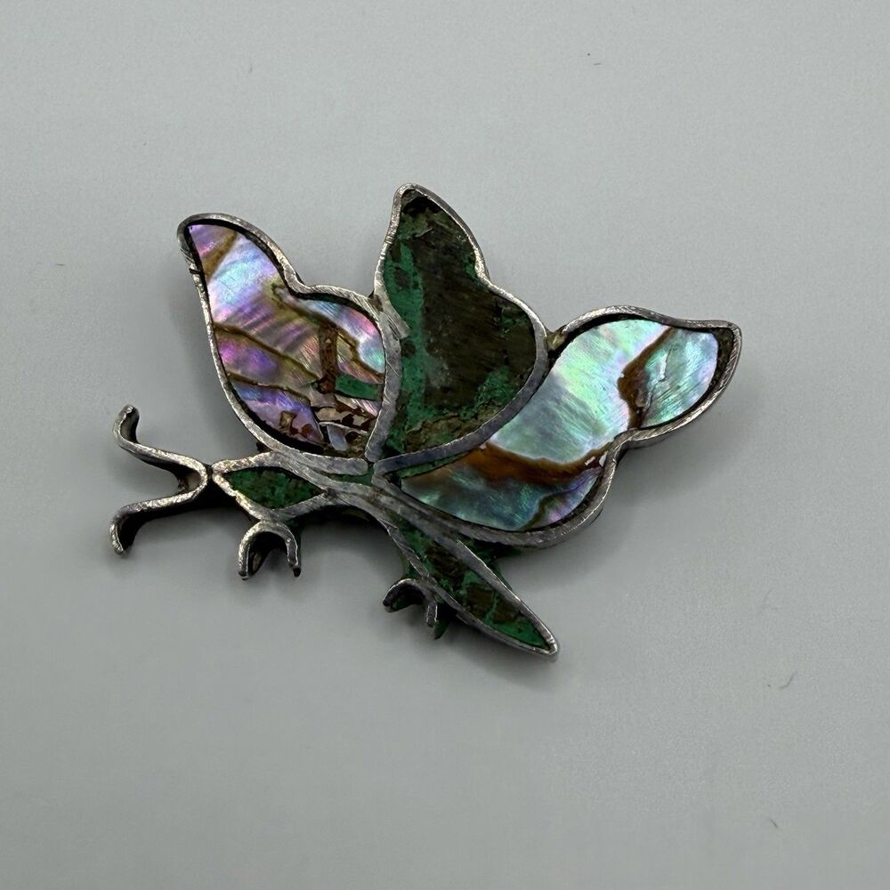 925 Sterling Silver Abalone Green Stone Butterfly Brooch Pin Signed 5g